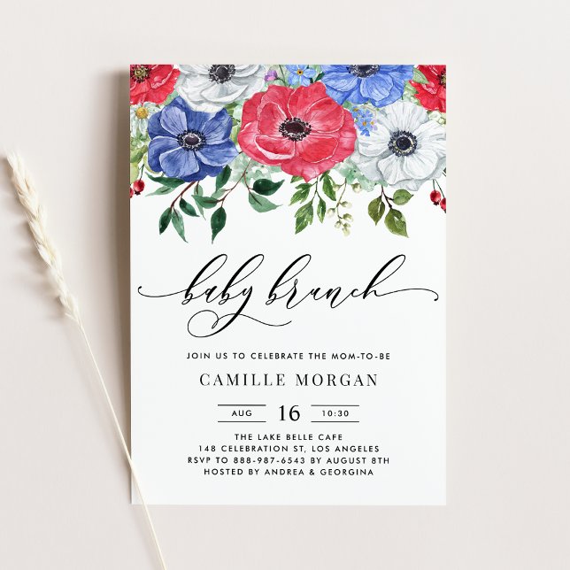Invitation Aquarelle Rouge, Blanc et Bleu Anemone Brunch bébé (Créateur téléchargé)