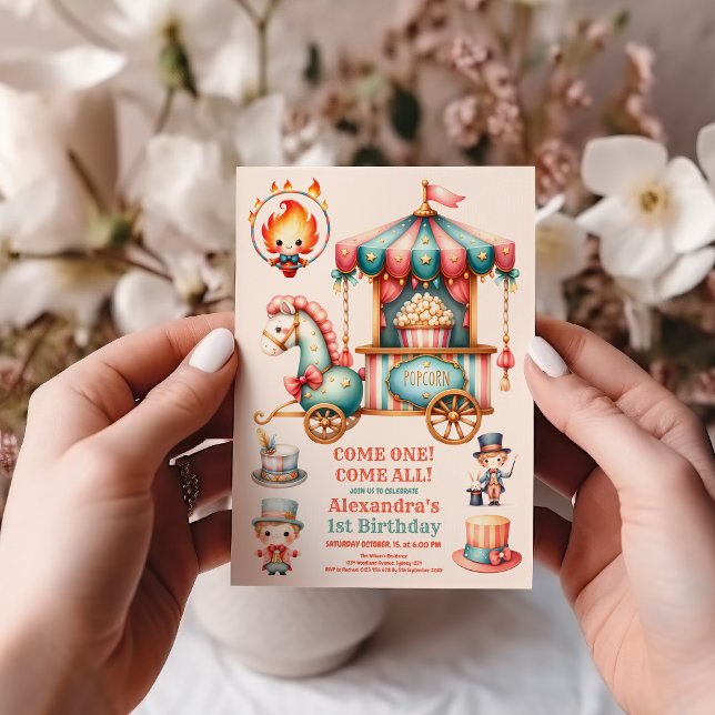 Invitation Aquarelle Rouge Cirque Carnaval Bébé 1er anniversa (Créateur téléchargé)