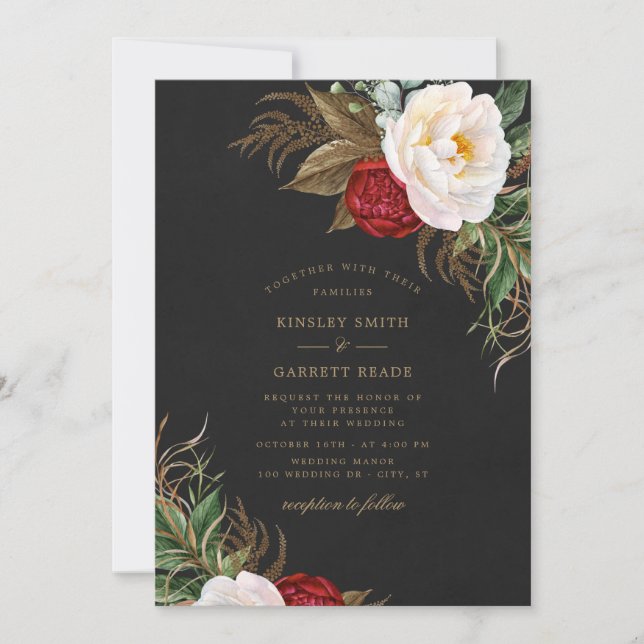 Invitation Aquarelle rouge clair pivoines Floral Mariage noir (Devant)
