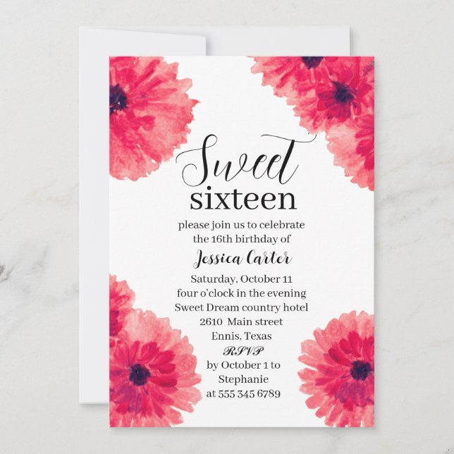 Invitation Aquarelle Rouge Dahlia Daisy Sweet 16 Seize (Devant)