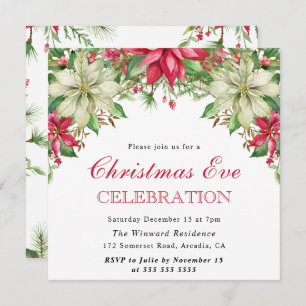 Invitation Aquarelle Rouge et Blanc Poinsettia Noël Réveillon