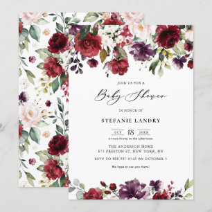 Invitation Aquarelle rouge et violet Baby shower Floral Garla