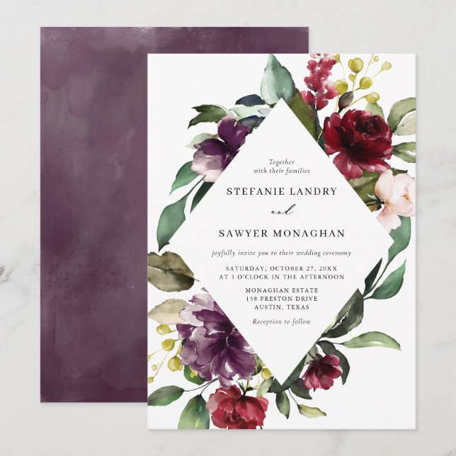 Invitation Aquarelle rouge et violet Mariage de cadre Floral (Devant / Derrière)