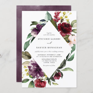Invitation Aquarelle rouge et violet Mariage de cadre Floral