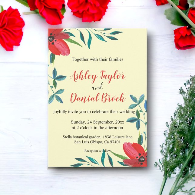 Invitation Aquarelle rouge Fleur sauvage vert Mariage floral (Créateur téléchargé)