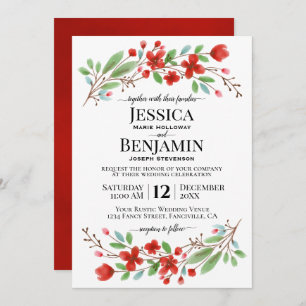 Invitation Aquarelle rouge fleurit Elegant Boho Chic Mariage