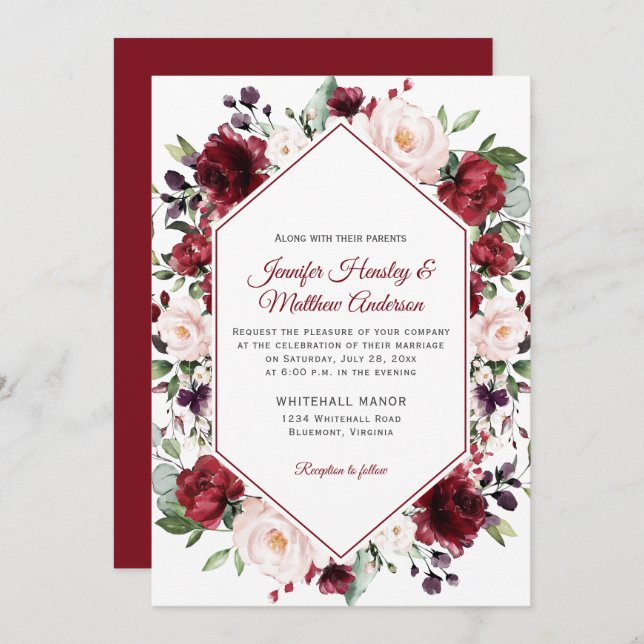 Invitation Aquarelle rouge foncé Cadre floral Mariage hiverna (Devant / Derrière)
