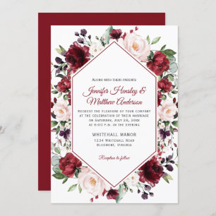 Invitation Aquarelle rouge foncé Cadre floral Mariage hiverna