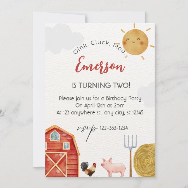 Invitation Aquarelle rouge jaune de la ferme mignonne fête d' (Devant)