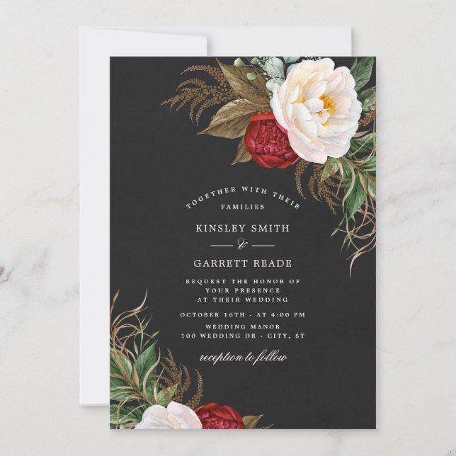 Invitation Aquarelle rouge luxuriante Peonies Floral Mariage  (Devant)