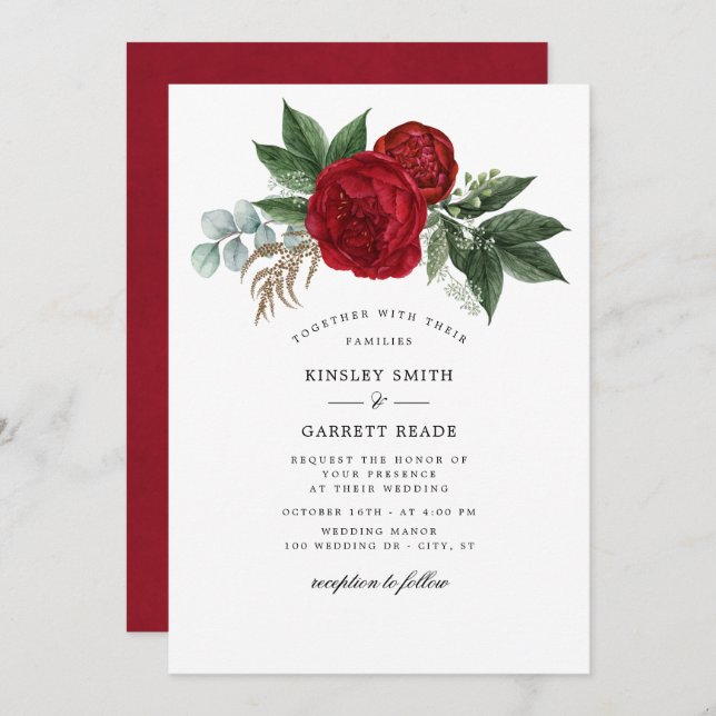 Invitation Aquarelle rouge luxuriante pivoines Mariage blanc (Devant / Derrière)