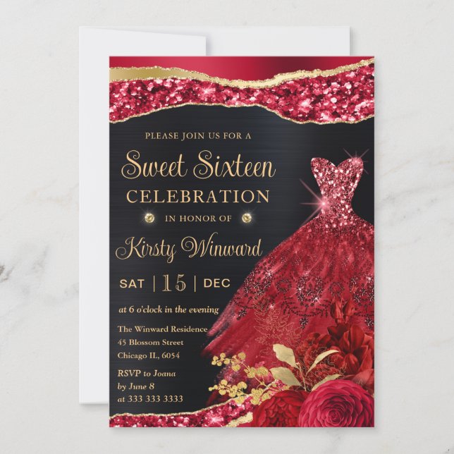 Invitation Aquarelle Rouge & Or Parties scintillant robe Swee (Devant)