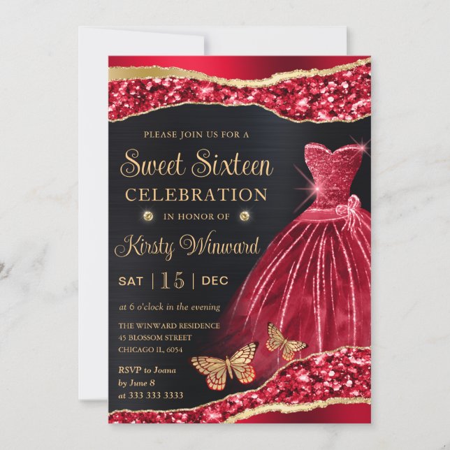 Invitation Aquarelle Rouge & Or Parties scintillant robe Swee (Devant)