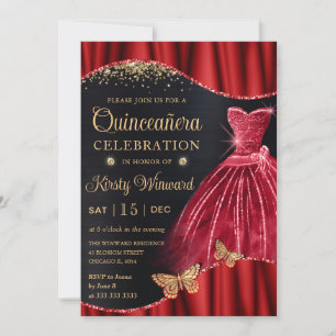 Invitation Aquarelle Rouge & Or Robe Parties scintillant Quin