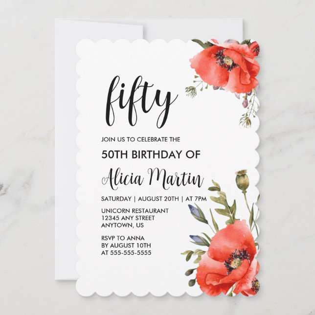 Invitation Aquarelle Rouge Pavot Vert Cinquante Anniversaire (Devant)