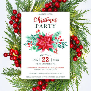Invitation Aquarelle rouge Poinsettia Fête de Noël Florale