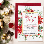 Invitation Aquarelle Rouge Poinsettia Fête de Noël Florale<br><div class="desc">Elégante aquarelle Poinsettia Floral Greenery Noël Invitation inclut poinsettias rouges,  eucalyptus feuilles,  cônes de pin,  aiguilles de pin,  coton,  baies sèches et autres belles verdure botanique d'hiver. Cadre Or. Revers rouge.</div>