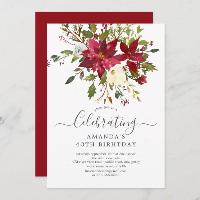 Invitation Aquarelle Rouge Poinsettia Holly Anniversaire (Devant / Derrière)