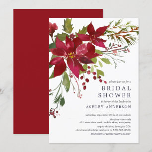 Invitation Aquarelle Rouge Poinsettia Holly Fête des mariées