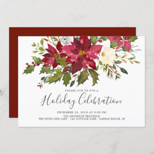Invitation Aquarelle Rouge Poinsettie Noël