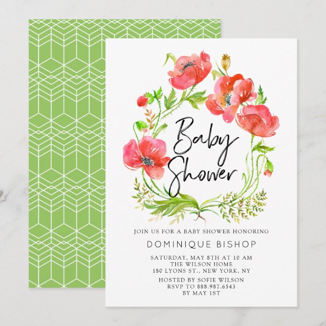 Invitation Aquarelle Rouge Poppies Baby shower de couronne (Devant / Derrière)