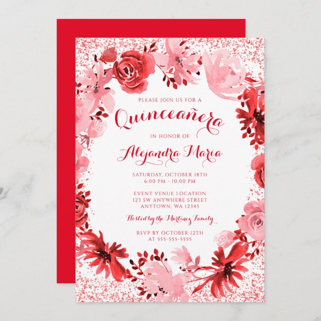 Invitation Aquarelle rouge Quinceanera (Devant / Derrière)