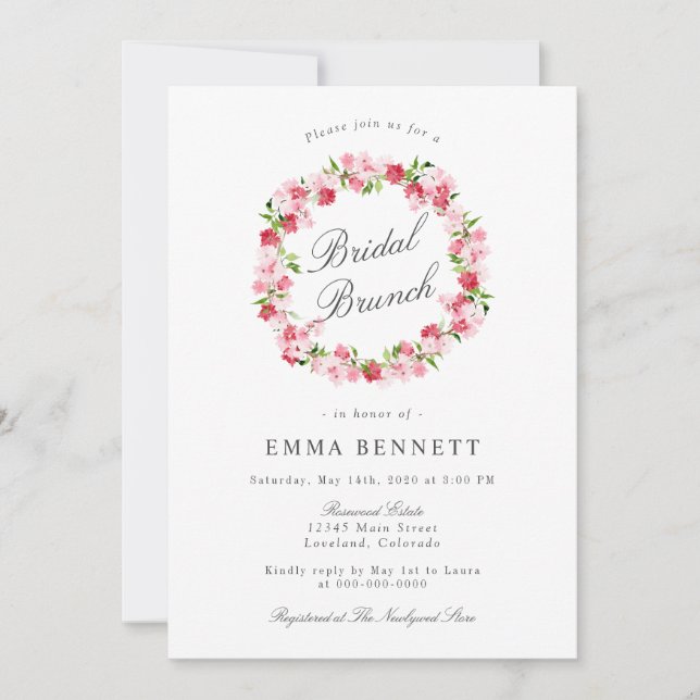 Invitation Aquarelle Rouge rose Floral Wreath Bridal Brunch (Devant)