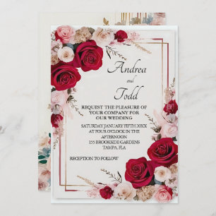 Invitation Aquarelle rouge rose mariage