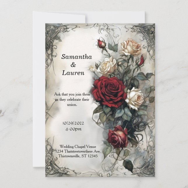Invitation Aquarelle Rouge Roses Vintage Goth Mariage (Devant)