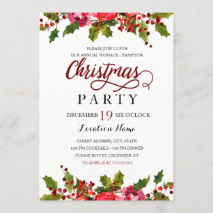 Invitation Aquarelle rouge vert Holly Leaf fête de Noël