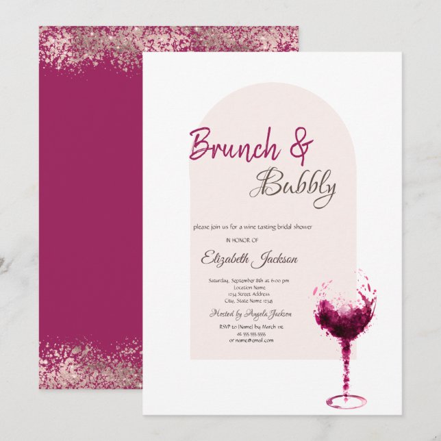 Invitation Aquarelle rouge Vin Confetti Brunch & Bubbly (Devant / Derrière)