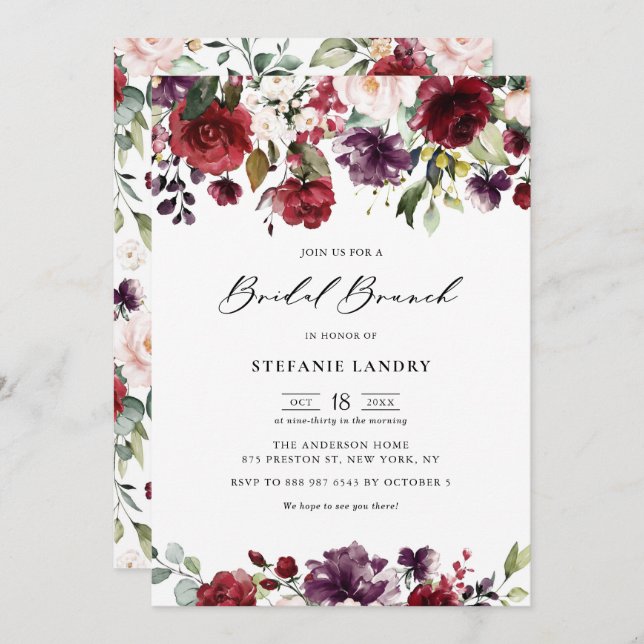 Invitation Aquarelle rouge violet Floral Garland Bridal Brunc (Devant / Derrière)