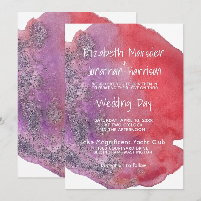 Invitation Aquarelle rouge violet Moderne Mariage élégant (Devant / Derrière)