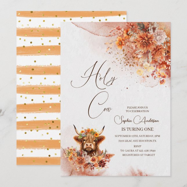 Invitation Aquarelle Rouille La vache Highland TURE UN (Devant / Derrière)