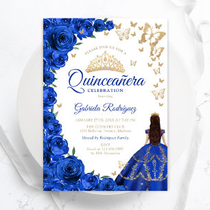 Invitation Aquarelle Royal Bleu Rose Floral Quinceanera
