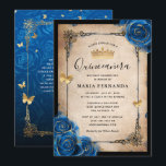 Invitation Aquarelle Royal Blue Gold Elegant Quinceanera<br><div class="desc">Élégante invitation à la quincène bleue royale et or qui peut être personnalisée pour votre douce fête de 15 ans, mariage, ou d'autres célébrations spéciales. La belle conception incorpore des confettis aux papillons parties scintillant d'or et des roses d'aquarelle bleu marine illustrés par Raphaela Wilson. La robe/robe vintage fantaisie accentue...</div>