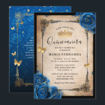 Invitation Aquarelle Royal Blue Gold Elegant Quinceanera<br><div class="desc">Élégante invitation à la quincène bleue royale et or qui peut être personnalisée pour votre douce fête de 15 ans, mariage, ou d'autres célébrations spéciales. La belle conception incorpore des confettis aux papillons parties scintillant d'or et des roses d'aquarelle bleu marine illustrés par Raphaela Wilson. La robe/robe vintage fantaisie accentue...</div>