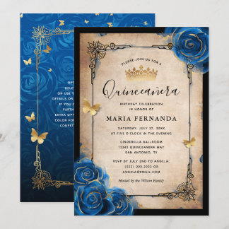 Invitation Aquarelle Royal Blue Gold Elegant Quinceanera