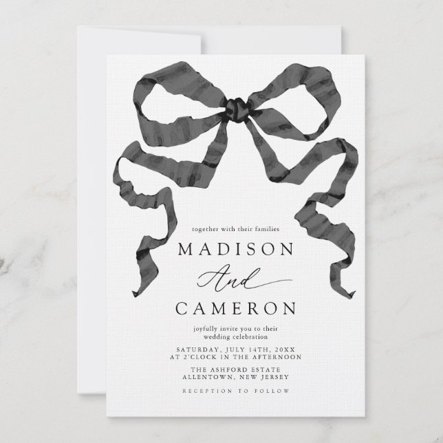 Invitation Aquarelle ruban Bow noir et blanc Mariage (Devant)
