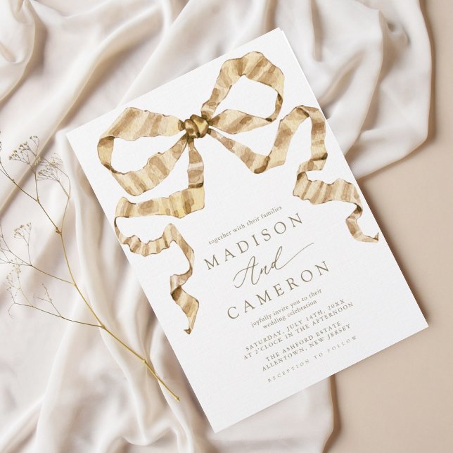 Invitation Aquarelle Ruban Bow or et Mariage blanc (Créateur téléchargé)