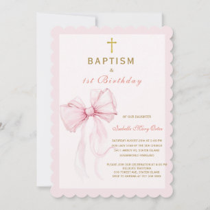 Invitation Aquarelle Ruban Rose Baptême et Anniversaire