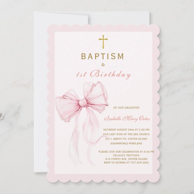 Invitation Aquarelle Ruban Rose Baptême et Anniversaire (Devant)