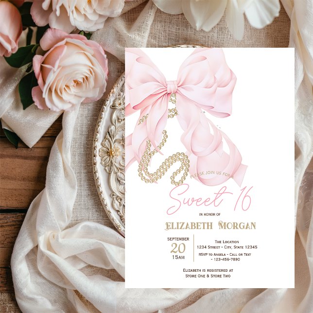 Invitation Aquarelle Ruban Rose Perles Points Douce 16 (Créateur téléchargé)
