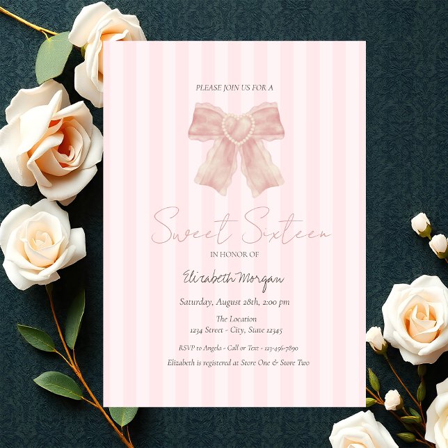 Invitation Aquarelle Ruban Rose Rayé Douze Ans (Créateur téléchargé)