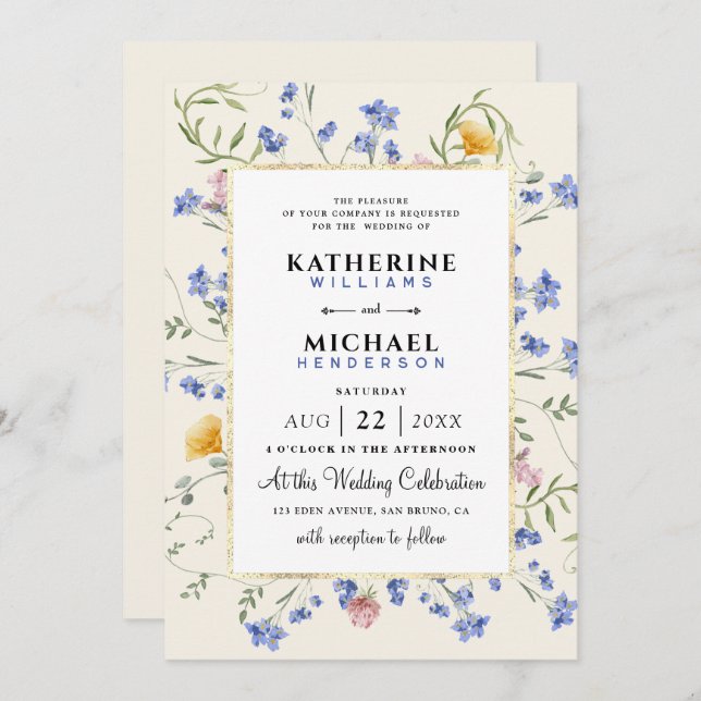 Invitation aquarelle Russe fleur sauvage prairie Mariage à hu (Devant / Derrière)