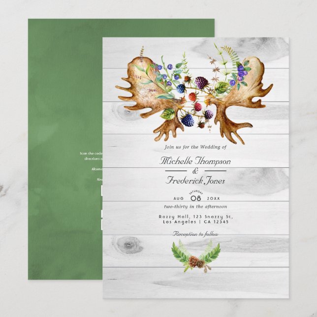 Invitation Aquarelle Russe Forêt QR Code RSVP Mariage (Devant / Derrière)