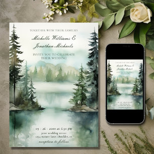 Invitation Aquarelle Rustic Mountain Lake Mariage forestier
