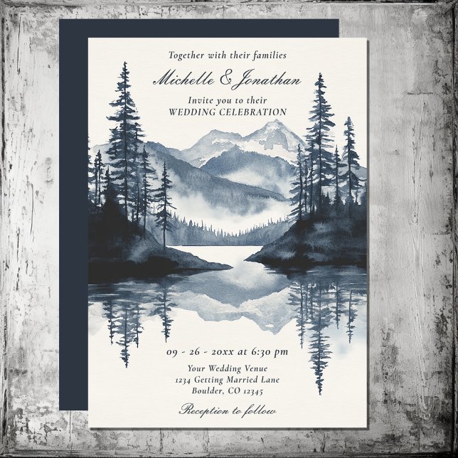 Invitation Aquarelle Rustic Mountain Lake Mariage forestier (Watercolor Rustic Mountain Lake Forest Wedding Invitation)