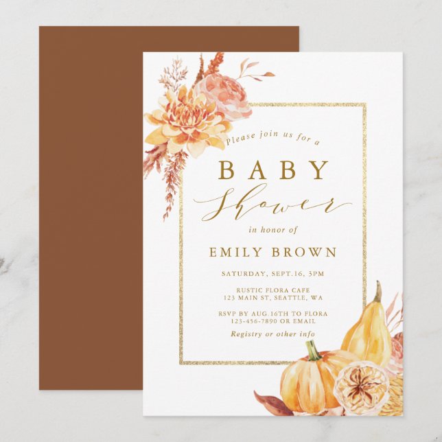 Invitation Aquarelle Rustique Automne Baby shower Floral Or  (Devant / Derrière)