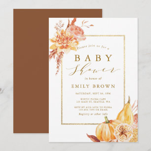 Invitation Aquarelle Rustique Automne Baby shower Floral Or